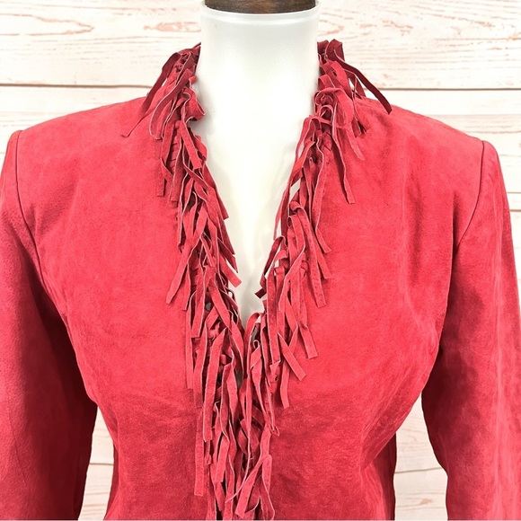 Vintage 90’s Boho Red Leather Suede Frontier Western Fringe Jacket - Picture 2 of 9